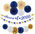 Navy-Blue Gold-White Party-Decoration Graduation Banner - 14pcs Kits Cap Garland Streamers, Royal Paper Tissue Pom Poms Flowers Fans Honeycomb,Class Of 2026 College High School Grad Decor Hugfond