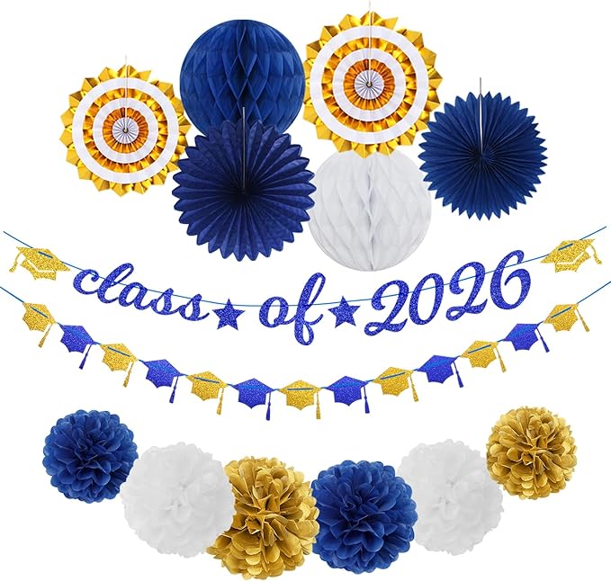 Navy-Blue Gold-White Party-Decoration Graduation Banner - 14pcs Kits Cap Garland Streamers, Royal Paper Tissue Pom Poms Flowers Fans Honeycomb,Class Of 2026 College High School Grad Decor Hugfond