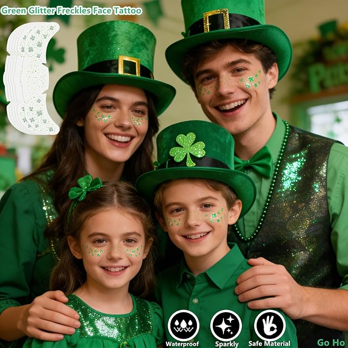 Go Ho Shamrock Glitter Freckles Face Tattoo,St Patricks Day Accessories - Freckles Sparkle,St Pattys Outfit Women Kids Face Stickers,Shamrock Green Glitter Stickers,6 PCS