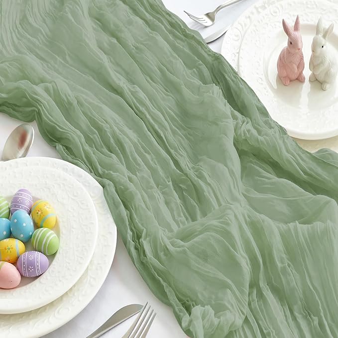IVAPUPU 2 Pcs Cheesecloth Table Runner - 10ft Sage Green Easter Decor Boho Gauze Cheese Cloth Table Runners for Baby Shower Decorations Wedding Party Spring Garden Farmhouse