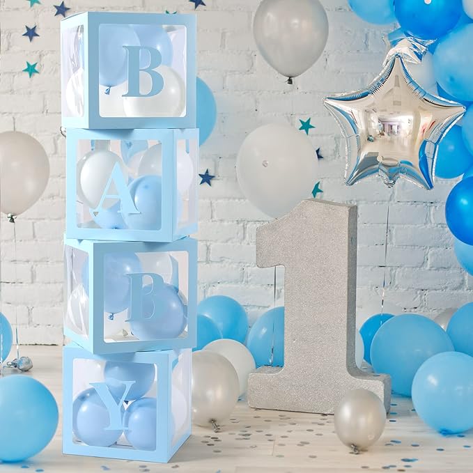 Baby Boxes with Letters for Baby Shower, 4 Transparent Balloon Boxes with Letters for Gender Reveal Birthday Wedding Baby Shower Decorations (Blue)