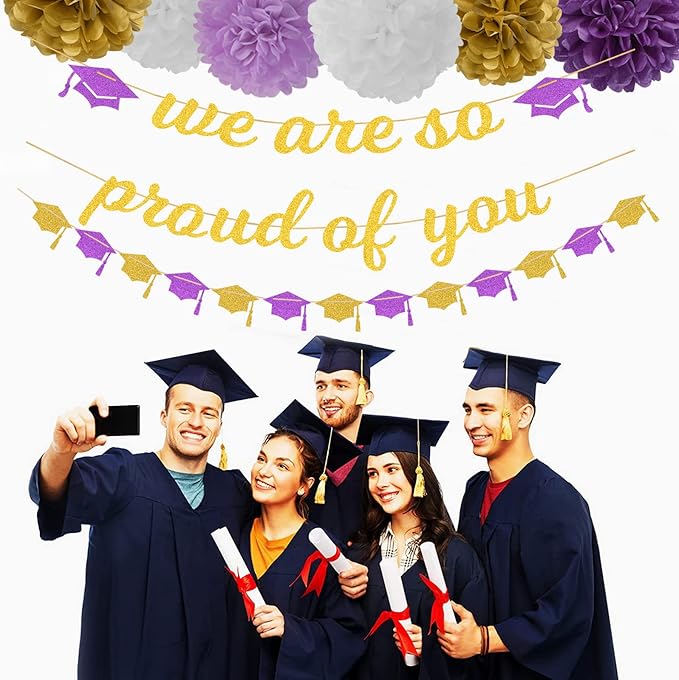 Purple White-Gold Party-Decoration Graduation Banner - 8pcs Kits Cap Garland Streamers, Paper Tissue Pom Poms Flowers,We are So Proud of You Congratulations Grad 2024 Decor Lasting Surprise