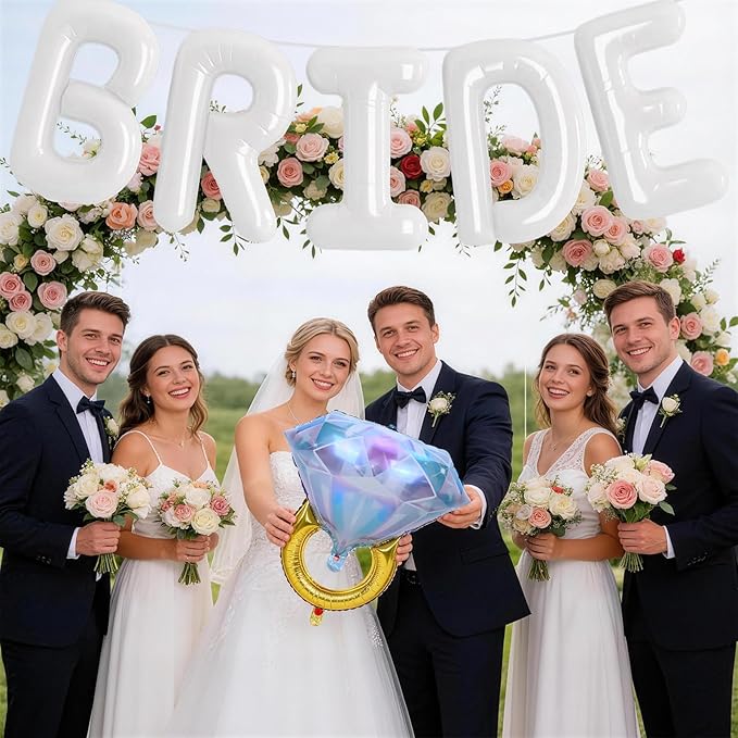 40inch White Bride Balloons Bachelorette, Bride To Be Bridal Shower Balloon Diamond Ring Champagne Glass Foil Balloon for Bachelorette Bridal Shower Engagement Wedding Hen Night Room Party Decorations