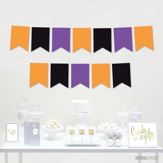 Andaz Press Hanging Pennant Banner with String, Orange, Black, Purple, 1-Set, 24 Pennants, Approx. 12-Feet Long, Halloween Theme Colored Supplies