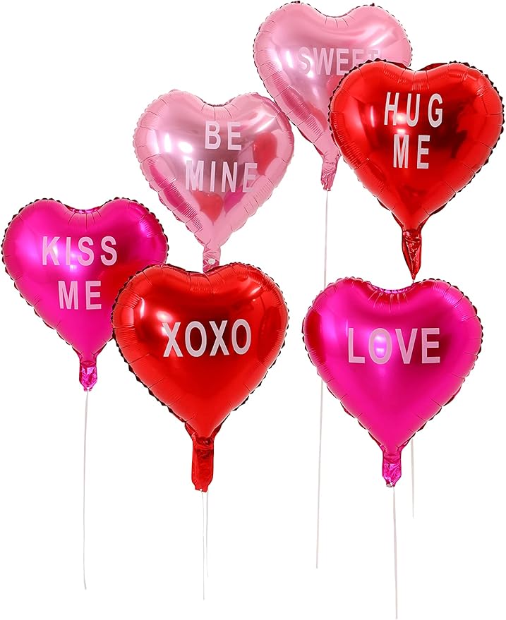 12 pcs Heart Balloons,18" Foil Love Balloons Mylar Balloons, XOXO LOVE SWEET BE MINE heart balloons Valentines Day Decorations Balloons for Propose,Wedding Décor Backdrop & Party Supplies (TEXT HEART)