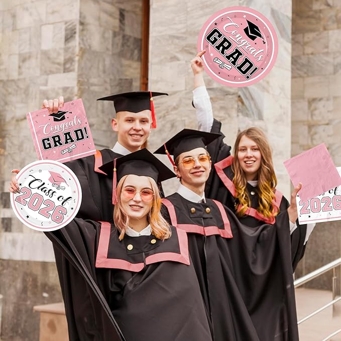 Graduation Party Plates and Napkins Pink Class of 2026 Grad Congrats Party Supplies Disposable Dessert Paper Plates Cocktail Napkins forGraduation Party Decorations,Serve 50