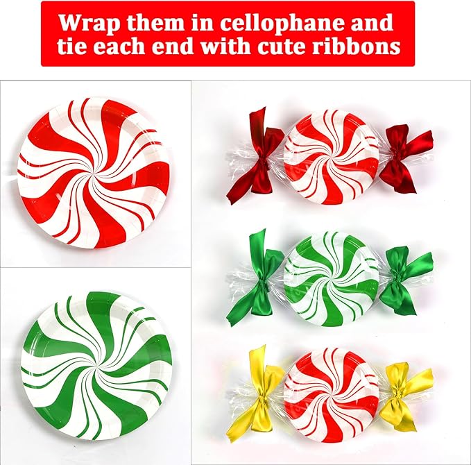 80Pcs Christmas Peppermint Paper Plates Christmas Disposable Dessert Plates 7inch Candy Mint Happy New Year Holiday Xmas Party Supplies Red and Green Striped Disposable Paper Dinnerware Decorations