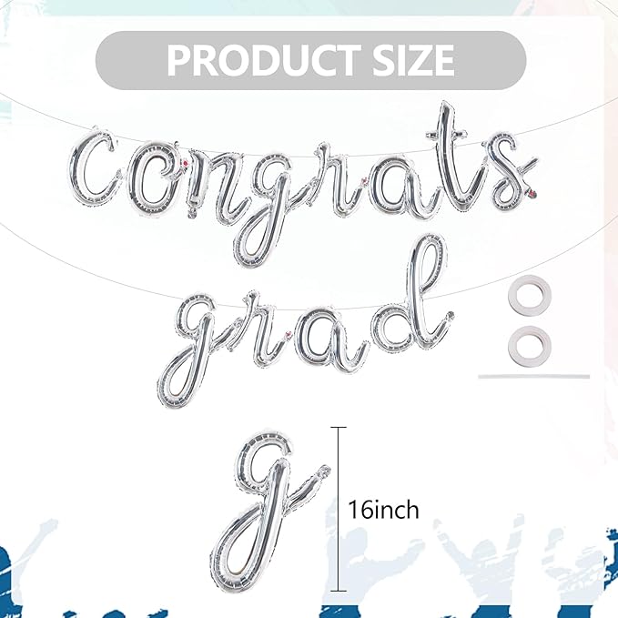 TONIFUL 2026 Congrats Grad Balloons - 16 Inch Cursive Silver Congrats Foil Balloons Banner Reusable Material for Graduation Party Graduate Congratulations 2026 Congrats Grad Decorations