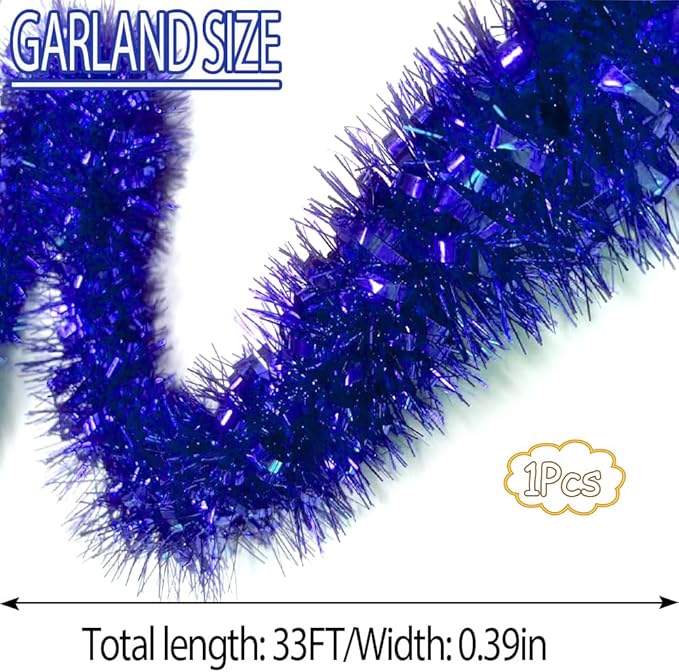 33Ft Christmas Tinsel Garland Shiny Thick Tinsel Xmas Tree Decorations Metallic Twist Foil Garland for New Year Parties Birthday Party Parade Floats Halloween Indoor Outdoor Supplies - Blue