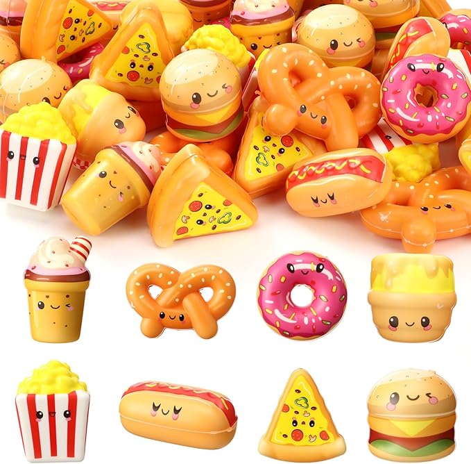 56 Pcs Fast Food Stress Balls Slow Rising Fidget Sensory Toy Emotional Relief Squeeze Stretchy Food Stress Toys for Funny Goodie Bag Fillers Gifts Party Favors Office Holiday