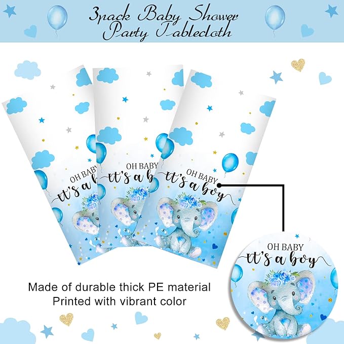 3 Pack Elephant Baby Shower Tablecloth Decorations, Elephant Baby Shower Decorations, Plastic Tablecloth Table Cover Backdrop for Baby Boy Girl Gender Reveal Party Supplies, 54 x 108 Inch, Blue