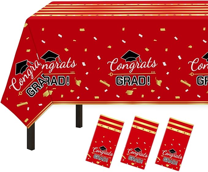 Childom 3 Pack Graduation Tablecloth,Graduation Decorations Class of 2026 Graduation Party Decorations,54"x108" Red and Gold Plastic Table Cloth Disposable Rectangle for Home,School,Party Supplies