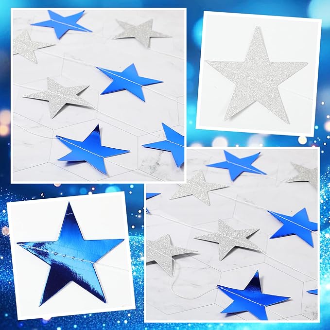 Spakon 65 Feet Glitter Star Shaped Paper Garland Banner Hanging Decoration Star Streamer Double Side 2026 Graduation Decorations for Wedding Birthday New Year Party Decoration(Silver and Blue)
