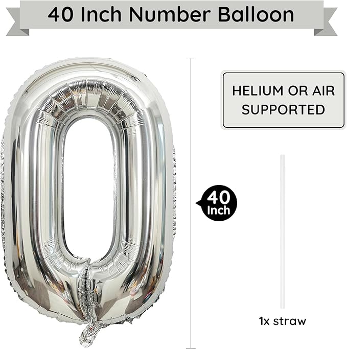 Silver Number 0 Balloon, 40 Inch Large Number Foil Mylar Balloons for Girl Boy Birthday Party Celebration Decorations Supplies, Digital Balloons for Wedding Anniversary Events Decor