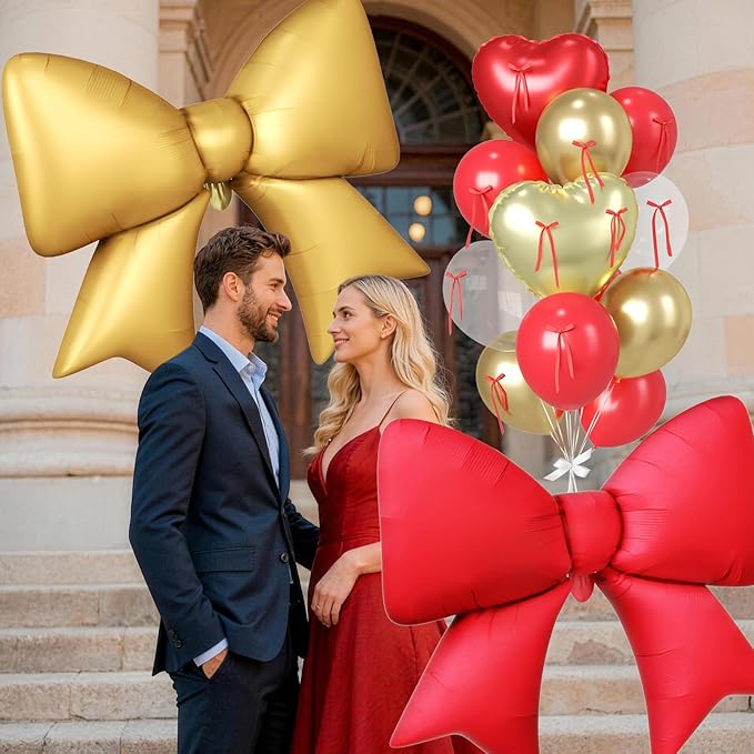16Pcs Red and Gold Heart Balloons, 38 Inch Bow Balloons, Red Champagne Gold Clear Balloon with Bow Ribbons for Anniversary Birthday Wedding Bridal Baby Shower Valentines Day Decorations
