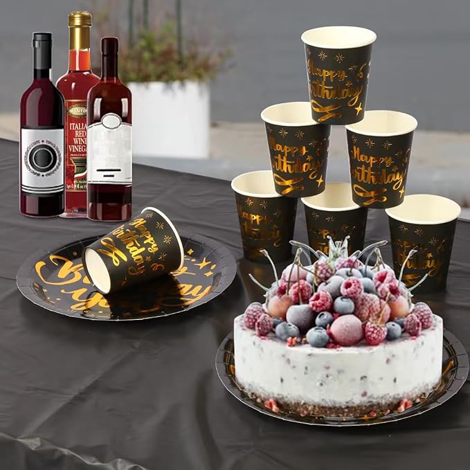 201 Pieces Birthday Plate Set, Birthday Decorations, Includes Paper Plates, Paper Cups, Straws, Napkins, Tablecloths, and Plastic Knives, Forks, and Spoons, Suitable for parties of 25 people!（Black）