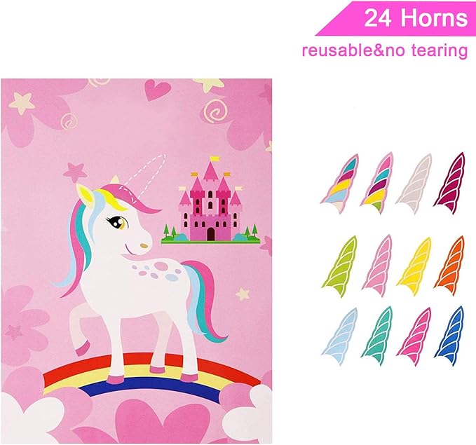 Pin The Horn on The Unicorn Game -Unicorn Party Game for Girls with 21'' x 28'' Poster, Reusable Horn Stickers Party Supplies for Kids Girls Birthday Party Favor Sets