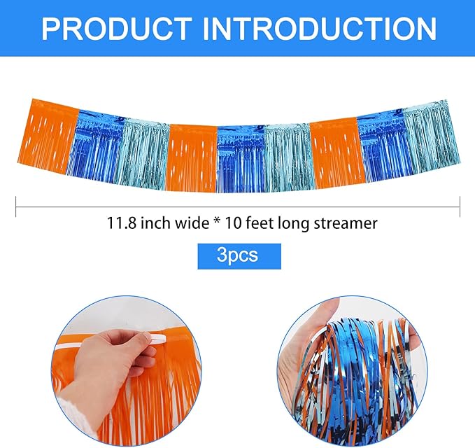 BEISHIDA 3 Packs Metallic Foil Fringe Garland Orange Bue Wall Hanging Tinsel Fringe Banners for Car Floats Birthday Party Decoration Baby Shower Backdrops Dog Theme Party Supplies(30 Feet)