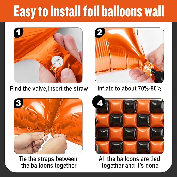 36Pcs Black and Orange Square Foil Balloons Wall Backdrop, Double Sided Metallic Foil Balloons Tunnel Arch Garland Kit for Photo Booth Birthday Wedding Halloween Christmas Party Decorations