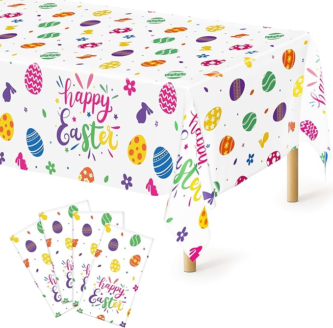 4 Pack Disposable Easter Tablecloth, 54 x 108 Inch Rectangular Easter Table Cloth, Spring Table Cloth with Colorful Eggs Floral Design, Happy Easter Tablecloths for Easter Decorations Holiday Decor