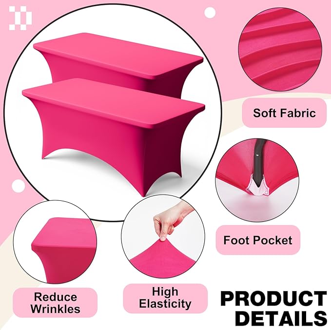Trlyc 2 Pack 4FT Spandex Table Cloth - 48 x 30 Inch Rectangular Stretch Tablecloth, Wrinkle Resistant Scretch Table Cover for Wedding, Party, Banquet, Picnic, Outdoor Decoration (2Pcs,Fuchsia)