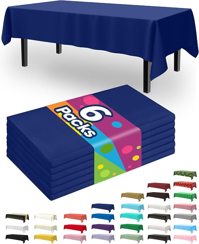 Pureegg Plastic Table Cloth Disposable 6 Pack, 54 x 108 Inch Table Cloths, Patriotic Decorations, Thanksgiving, Veterans Day Tablecloths, Rectangle, Plastic Cover, Waterproof, Navy Blue