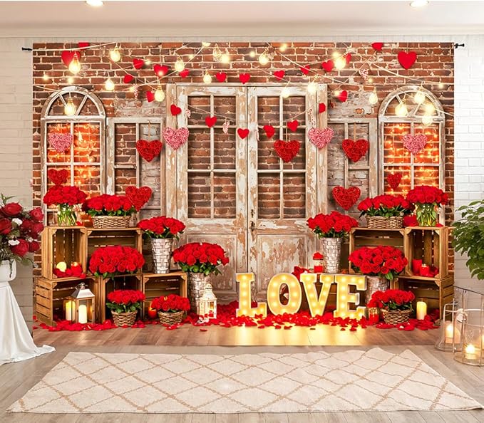 Red Rose Brick Wall Backdrop 7x5ft Romantic Love Theme Anniversary Backdrop Banner Vintage Door Window Light Decor for Engagement Wedding Couples Date Night Party Photo Booth Props (82x59inch)