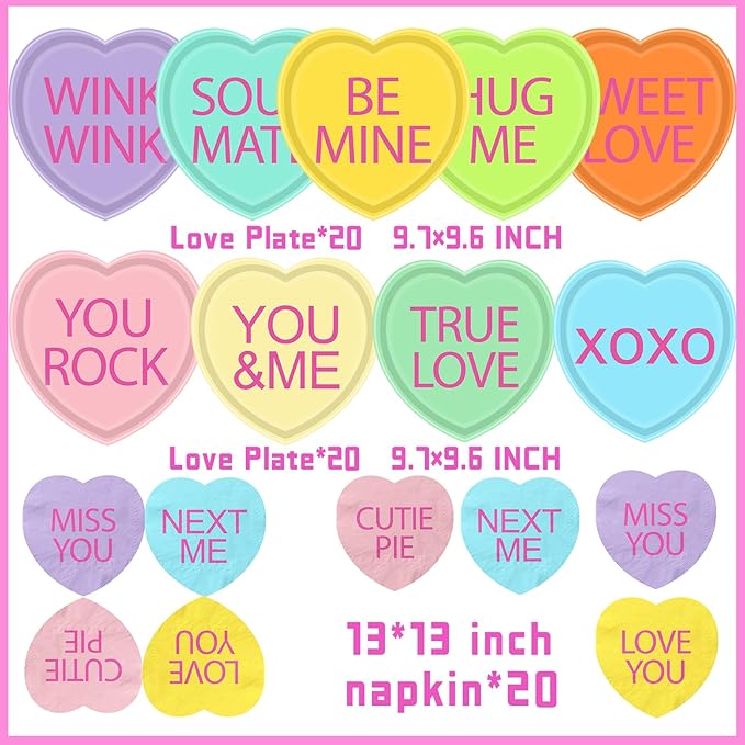 HAKOTI Valentine’s Day Paper Plates Supplies Conversation Heart Tableware,40Pcs Heart Shaped Plates and Napkins