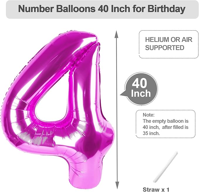 Balloons Number, 40 Inch Foil Balloons 4th Birthday Decorations Girl, Rose Purple Number 4 Ballon for 4, 14, 24, 40 Celebration, Birthday, Christmas, Anniversary Decor