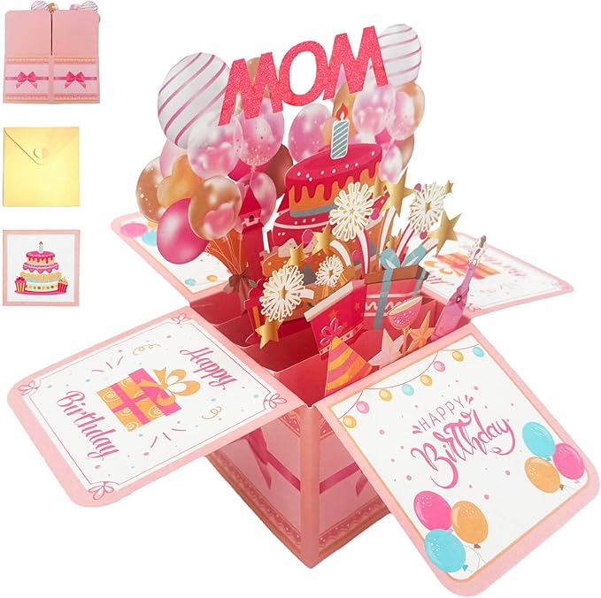 Happy Birthday Mom Card From Daughter Son Kids Funny 3D Pop Up Birthday Gift Card Box For Mom Foldable Celebration Greeting Cards With Envelope For Women Stepmom Godmother