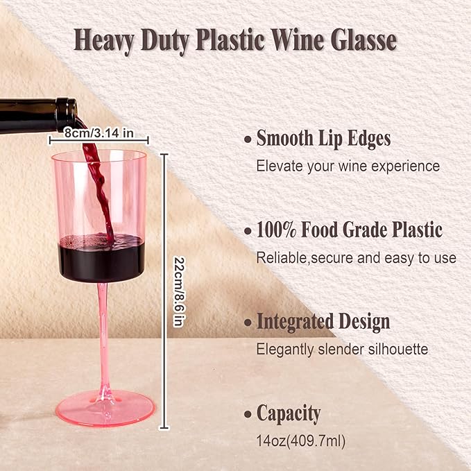 Ciaell 12 Pack Pink Plastic Wine Glasses - 14Oz Plastic Wine Glasses with Stem - Disposable Stemmed Wine Glass for Parties & Weddings & Outdoor & Easter