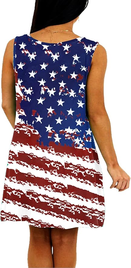 Deerose Women 4th of July Sleeeveless Dress Patriotic V Neck Tank Dresses with Pockets