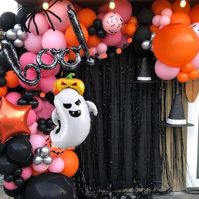 150pcs Halloween Balloon Garland Arch Kit Pink Orange Black Hot Pink Latex Balloons with Pumkin Ghost Foil Balloon for Halloween Spooky BOO Day Party Decorations