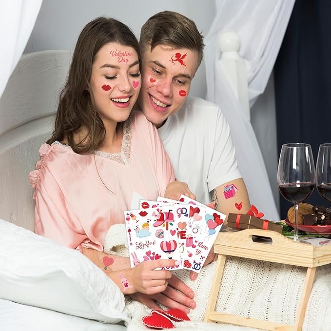 XZENTIRA 214 Pcs Valentines Themed Temporary Tattoos Valentine Decorations Party Favors Teddy Bear Envelope Valentine Party Supplies Accessories Gift Idea for Couple Stickers Décor Kids Teens Adult