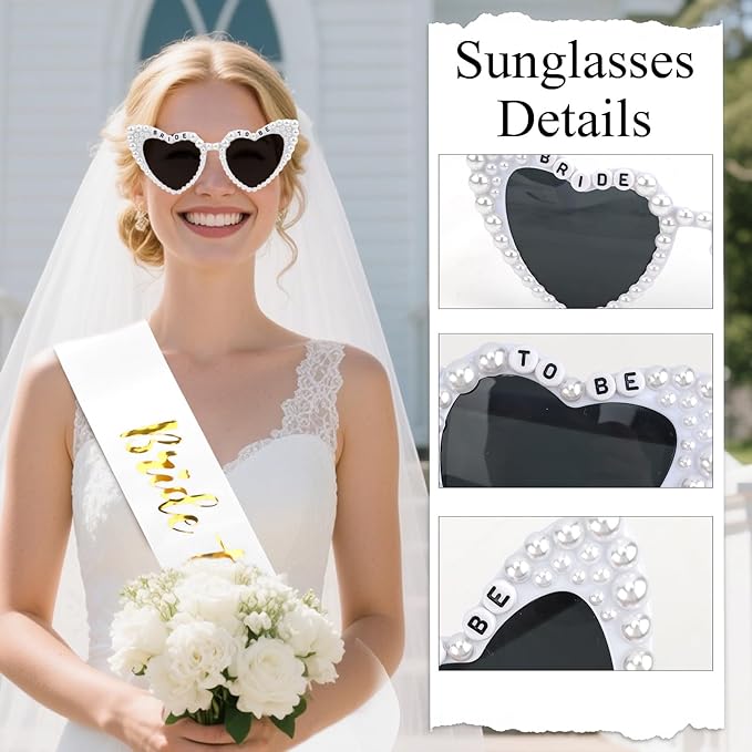 Bride to Be Set: Pearl-Trimmed Heart Sunglasses, Pearl BRIDE Sash & Tulle Veil - Bachelorette Party Bridal Accessories
