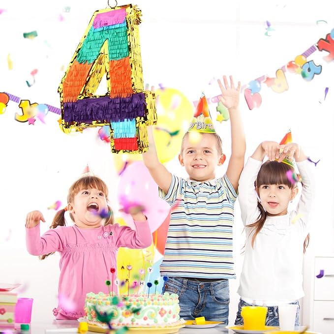 Rainbow Number 4 Pinata for Kids 4th Birthday Party Supplies, Fiesta, Centerpieces, Anniversary Celebrations (16.1 x 10.6 x 3.2 Inches)