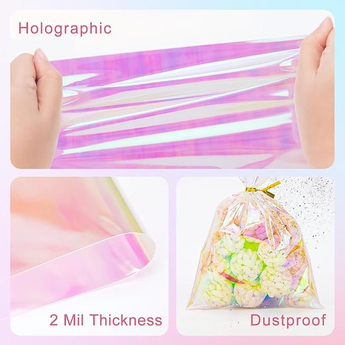 Aubeco 180Pcs Iridescent Cellophane Treat Bags with Ties, 5x7 Inch Holographic Plastic Goodie Baggies for Party Favors, Candy, Cookies Packing, Gift Wrapping