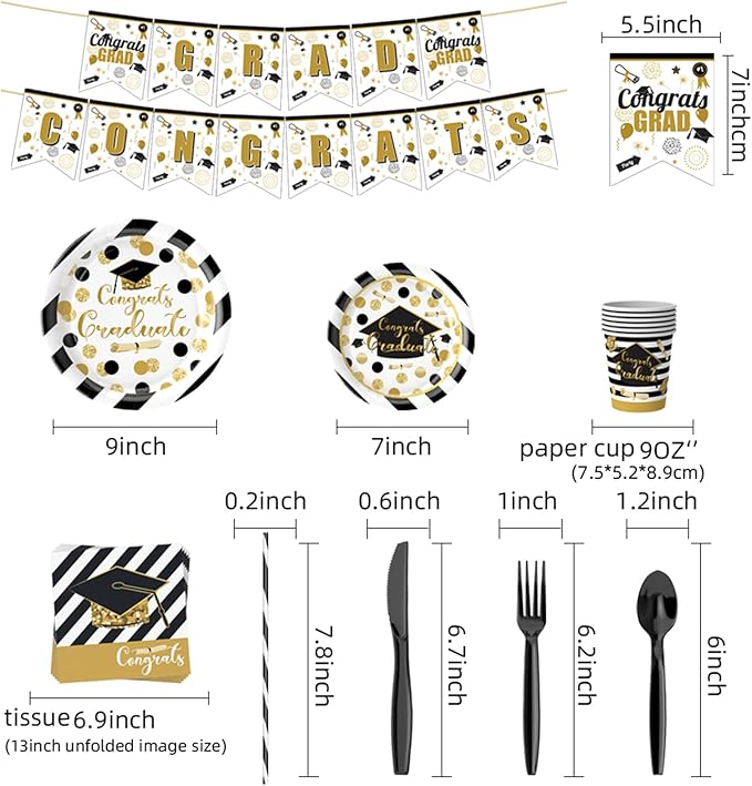 2025 Graduation Party Decor Supplies, 233-Piece Set for Graduation, Includes Disposable Dinnerware Like Plates, Cups, Napkins, Cutlery, Tablecloth, Balloons (Perfect for 25 Guests, Black & Gold Theme)
