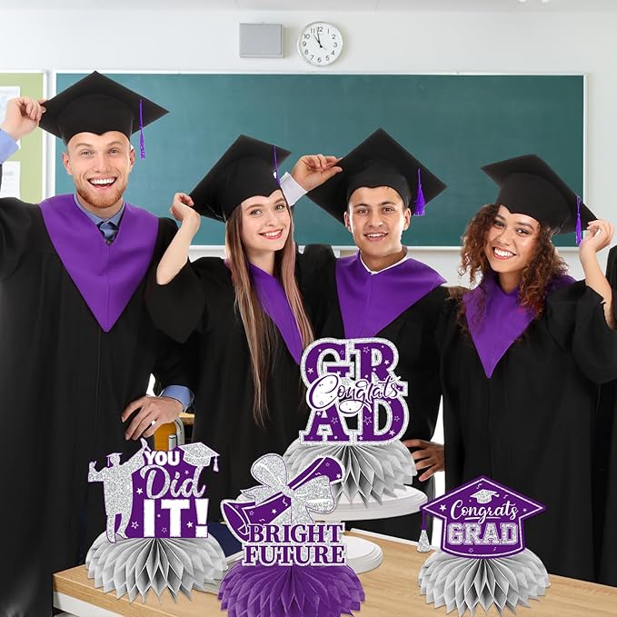 12pcs Graduation Table Decorations 2026, Purple Graduation Decorations 2026 Purple and Silver Graduation Centerpieces for Tables,Class of 2026 Centerpieces Honeycomb for Congrats Grad Table Decor