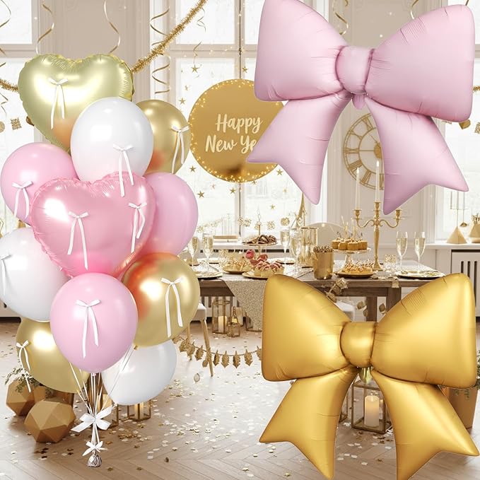 16Pcs Pink and Gold Heart Balloons, 38 Inch Pink Bow Balloon, Champagne Gold Pink White Balloon and Bow Heart Shaped Foil Balloons for Birthday Wedding Bridal Baby Shower Valentines Day Decorations