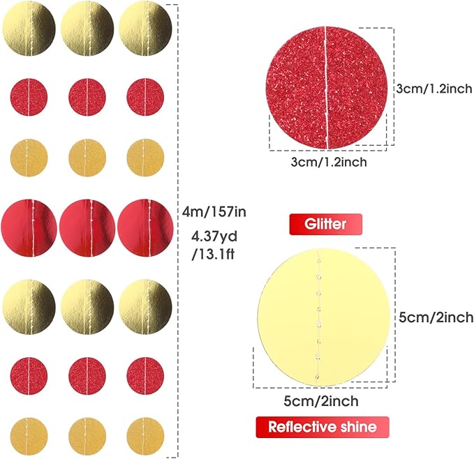 Syhood 10 Pcs Party Decorations Paper Dot Circle Garlands Glitter Streamers Hanging Banner Decor for New Year Baby Shower Wedding Birthday Backdrop Supplies (Red and Gold)