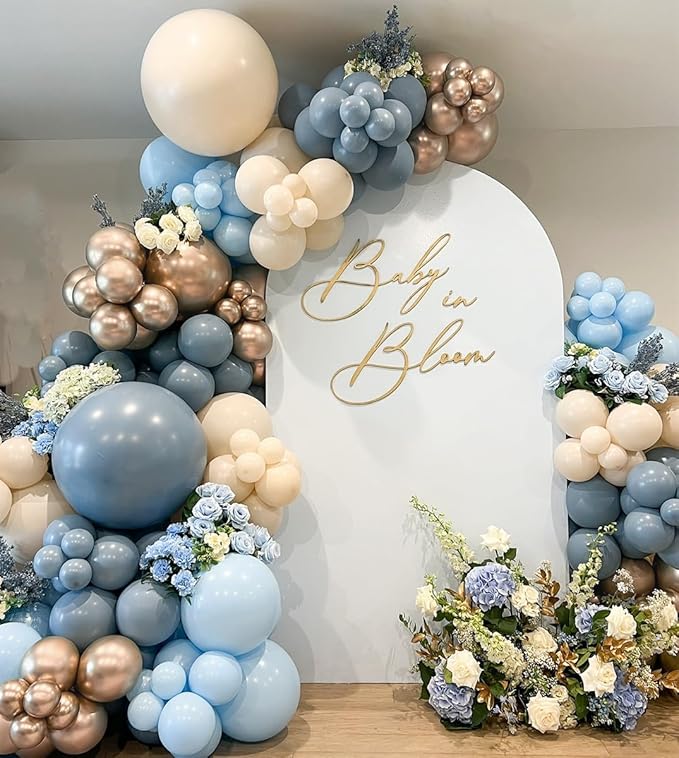 Baby in Bloom Balloon Garland Arch Kit, 150Pcs Dusty Baby Blue Sand White Champagne Gold Latex Balloons for Boho Baby Shower Bridal Shower Birthday Party Decorations
