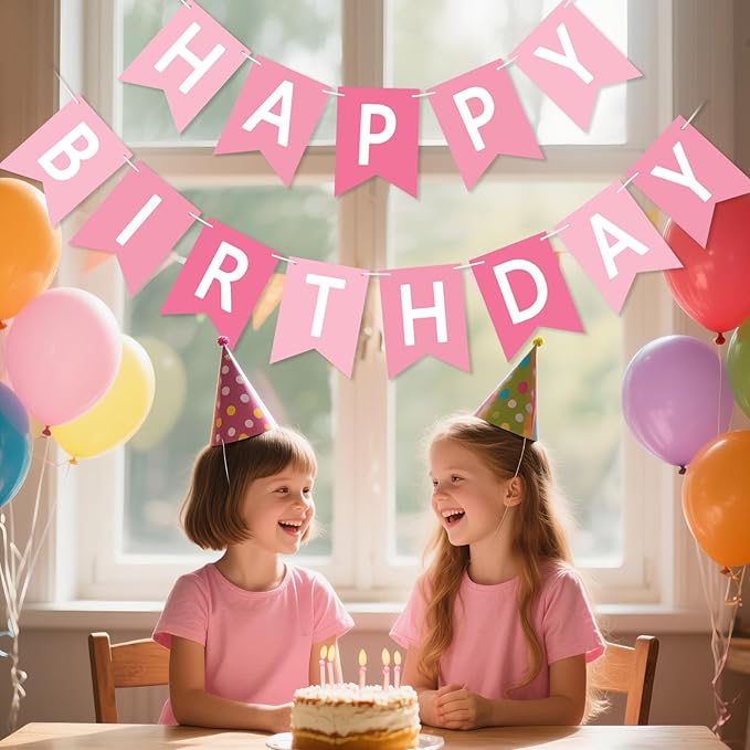 Happy Birthday Banner Sign, Birthday Garland Wall Door Hanging Banners Flag for Women Men Boys Girls Party Backdrop Decorations, Personalized Name Banner White Letters Pink and Light Pink