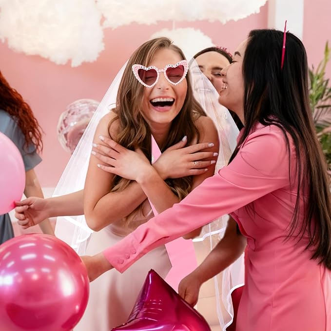 Bride to Be Set: Pearl-Trimmed Heart Sunglasses, Pearl BRIDE Sash & Tulle Veil - Bachelorette Party Bridal Accessories