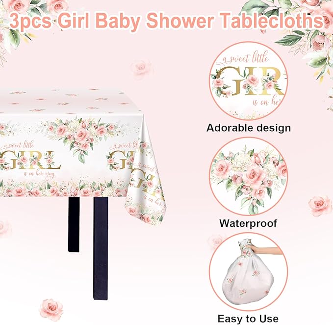 Avezano 3 pcs Girl Baby Shower Tablecloth 108x54 inch Pink Floral Baby Shower Party Tablecovers Disposable A Sweet Little Girl is on Her Way Table Cloth Plastic
