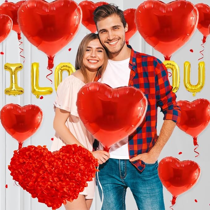 2 set 16 inch I Love You Balloons and Heart Balloon with 500 Pieces Rose Petals, Gold I Love You Letter Balloons for Him/Her Valentines Day Decorations Wedding Anniversary Engagement
