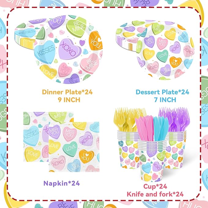 144Pcs Valentine's Day Tableware Set,Conversation Heart Valentines Day Plates and Napkins Colorful Love Valentine's Day Party Supplies for Anniversary Wedding Sweet Day Decor