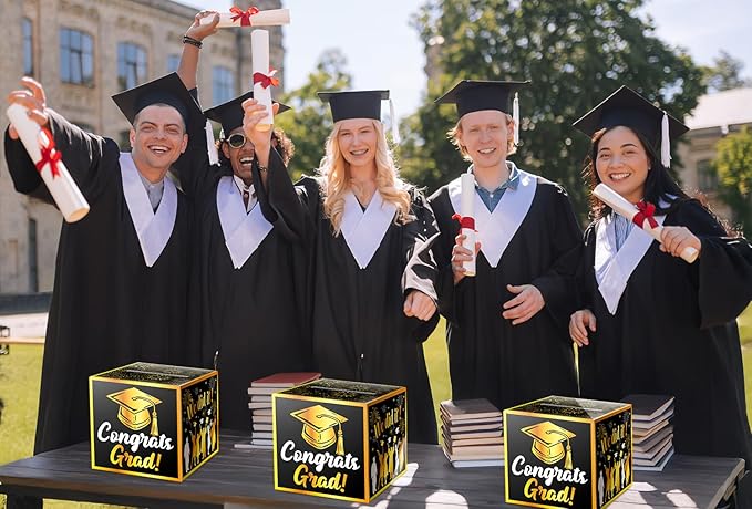 JWSCYSY Graduation Card Box Holder, Congrats Grad Foldable Cardboard Decorations Box for Graduation Party Favors Decor Party Supplies (Black Gold)
