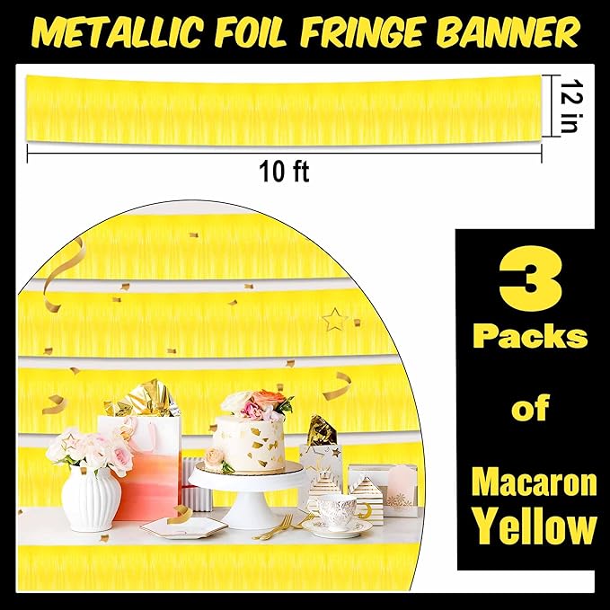 3 Pack 10 Ft Macaron Yellow Foil Fringe Garland Metallic Streamers Tinsel Banner Wall Hanging Garland Backdrop for Parade Floats, Halloween, Christmas, Thanksgiving, New Year Party Decorations