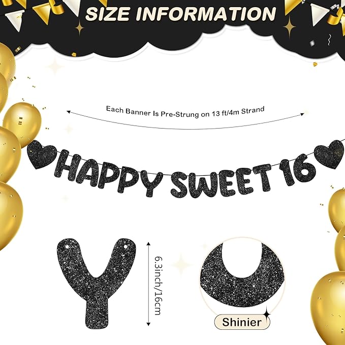 Fulmoon Pre Strung Happy Sweet 16 Banner Glitter Sixteenth Birthday Party Decorations 16th Party Sign Sweet 16 Party Decorations for Birthday Party Bachelorette Party(Black)